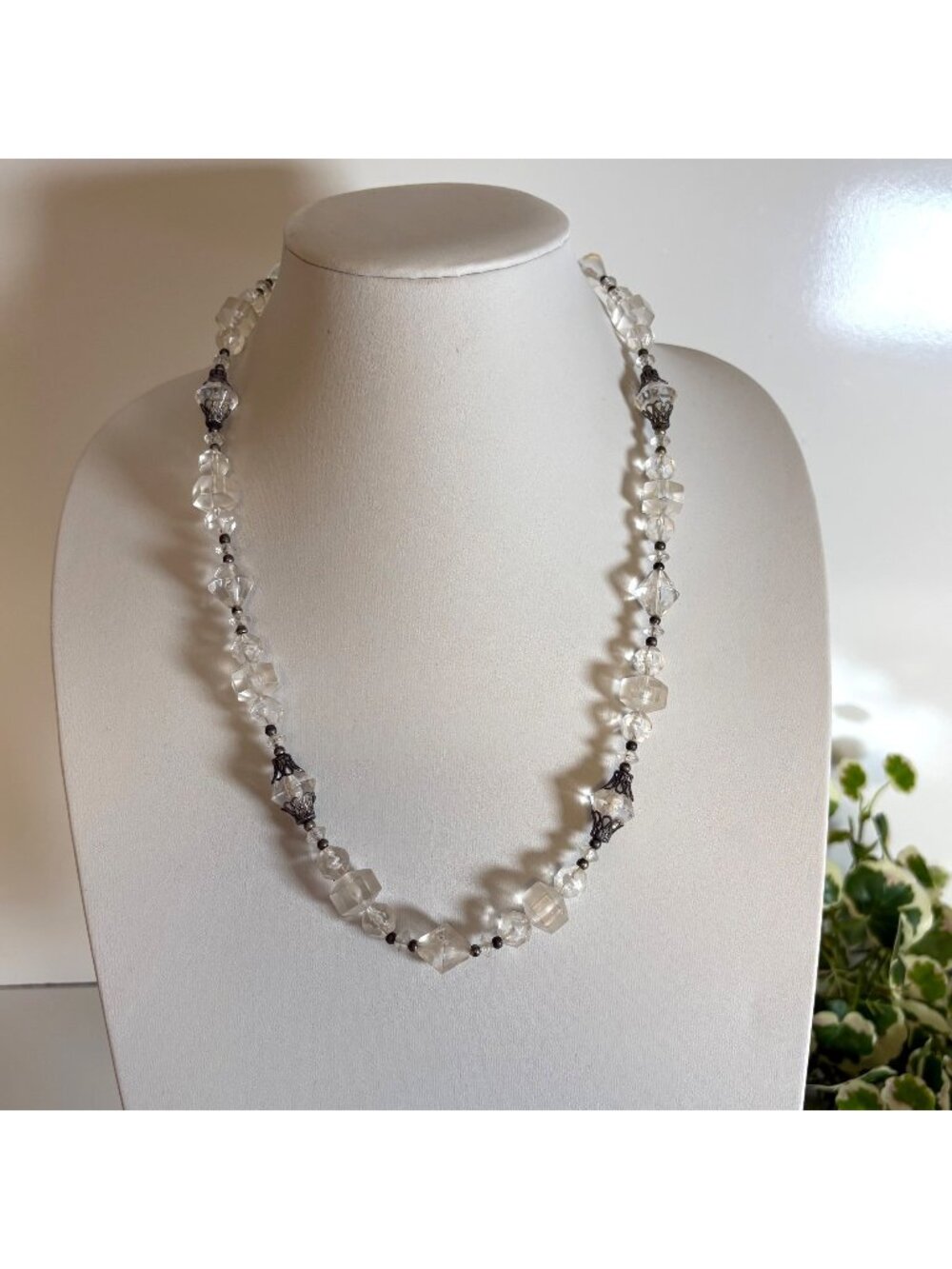 Vintage 1940s Clear Lucite Bead Necklace Silver Tone Spacers Art Deco 25 inch